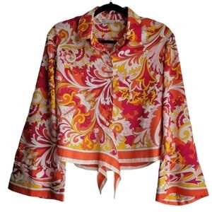 Zara Woman’s Boho Paisley Whimsical Bell Sleeve Tie Waist Button Up Top Size S